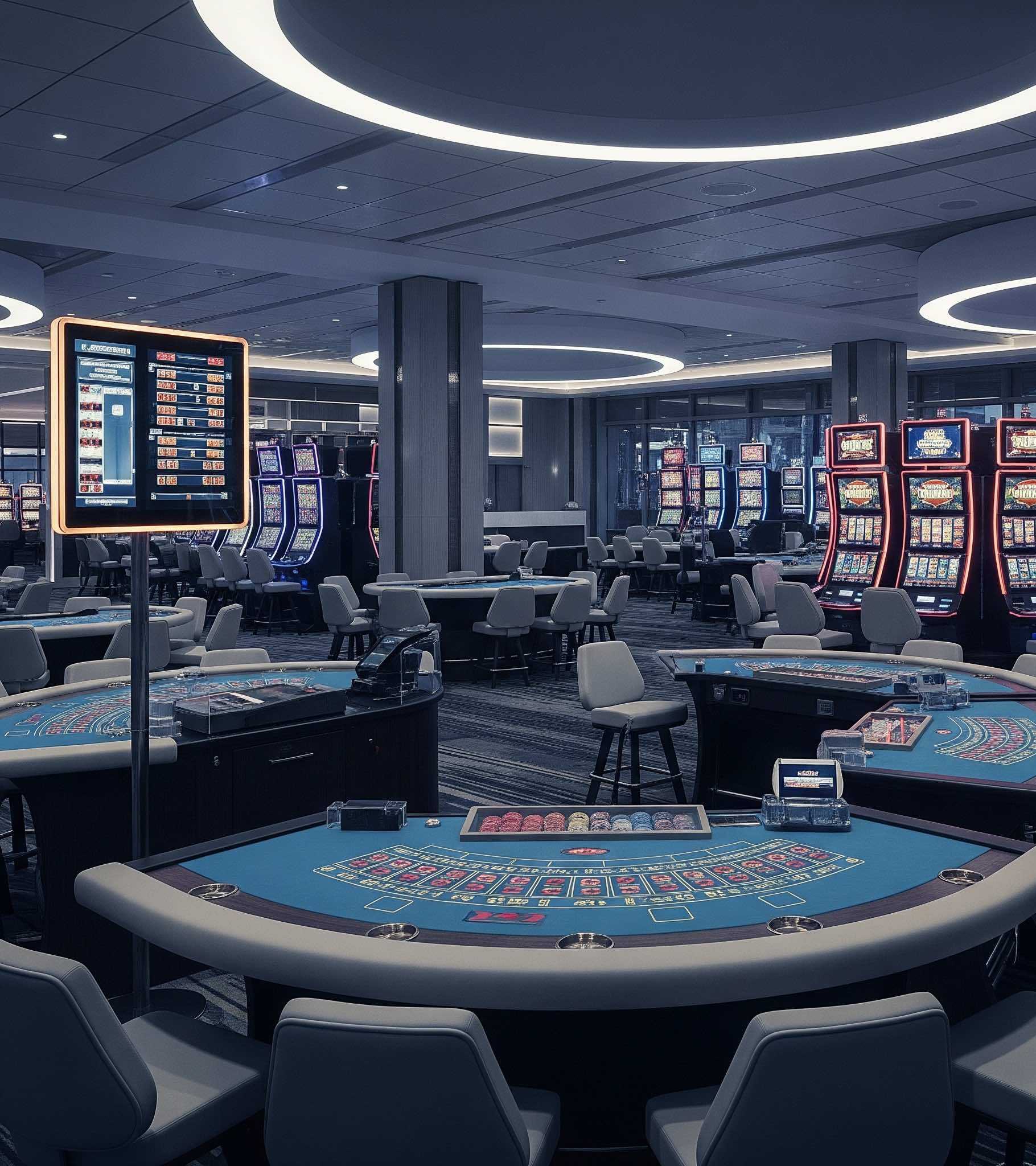 Moderne casino-interiør med spilleautomater